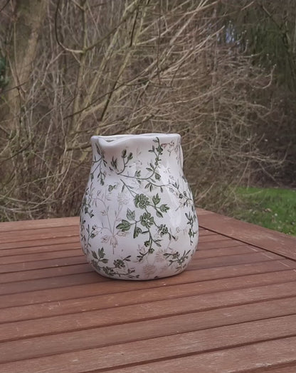 Keramik-Krug Beige Grün Vase mit Blättermuster - Landhausstil