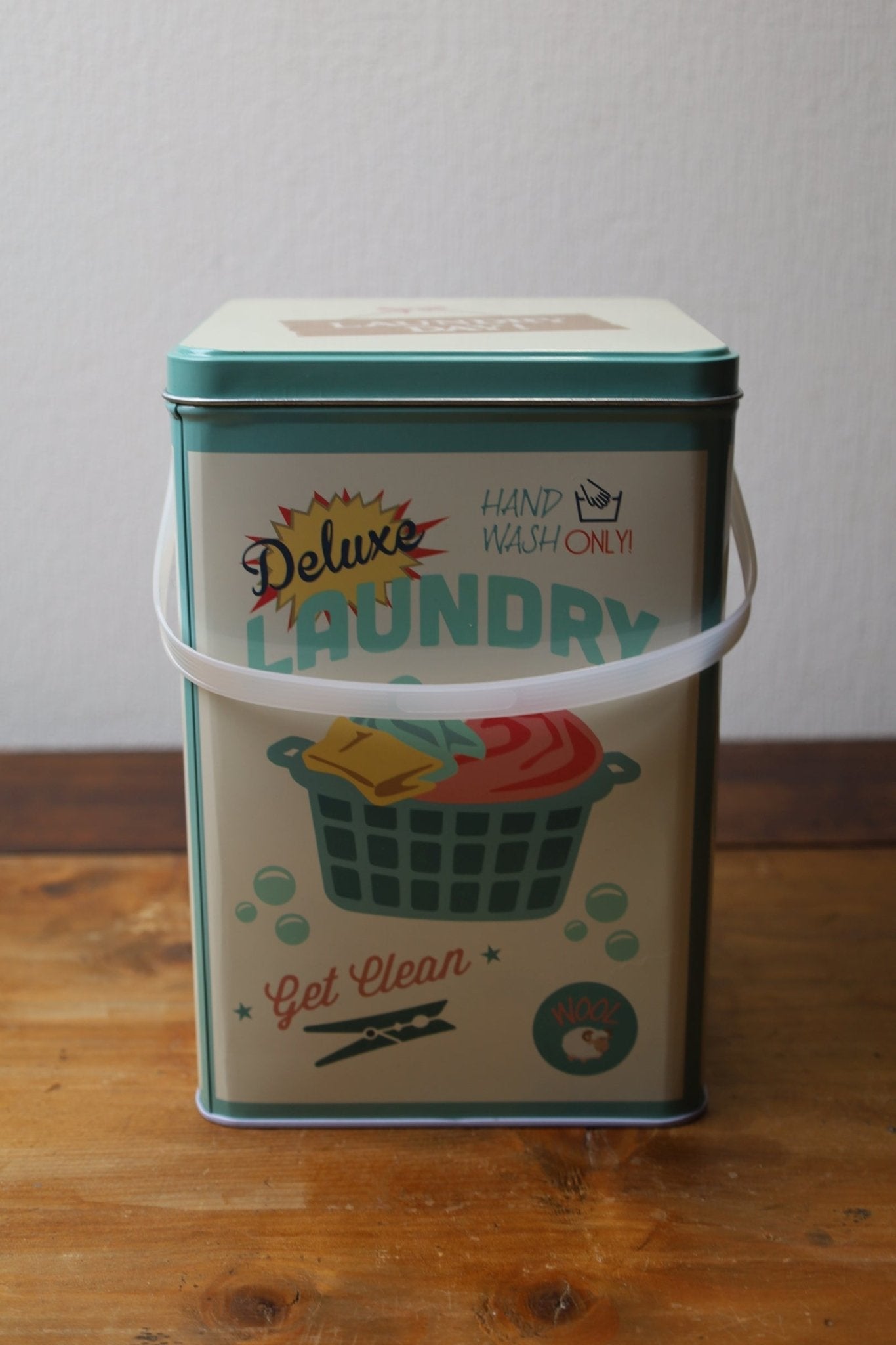 Retro Waschpulverbox aus Metall - Waschmittelbox Beige-Grün mit Henkel {{ Shabby Chic und Landhaus Deko }} {{ www.Stein-Alt.de }}
