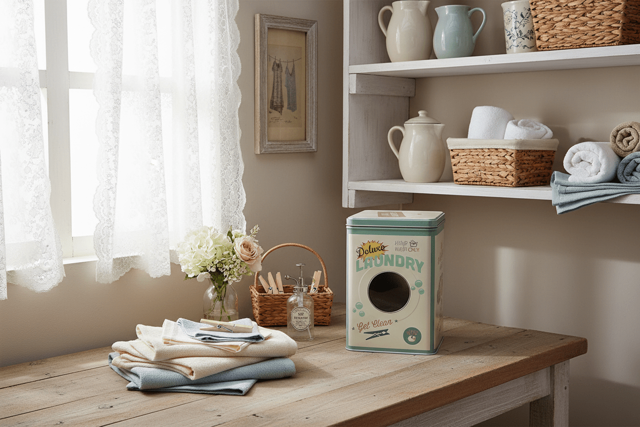 Retro Waschpulverbox aus Metall - Waschmittelbox Beige-Grün mit Henkel {{ Shabby Chic und Landhaus Deko }} {{ www.Stein-Alt.de }}