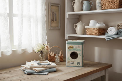 Waschpulver-Box Retro Waschpulverbox aus Metall - Waschmittelbox Beige-Grün mit Henkel Shabby Chic und Landhaus Deko bei www.Stein-Alt.de