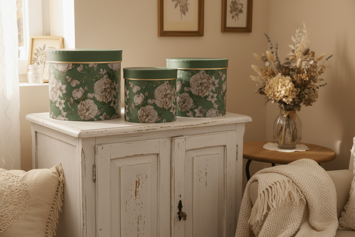 Runde Aufbewahrungsschachteln mit Blumenmuster Grün - 3er Set Pappschachteln {{ Shabby Chic und Landhaus Deko }} {{ www.Stein-Alt.de }}