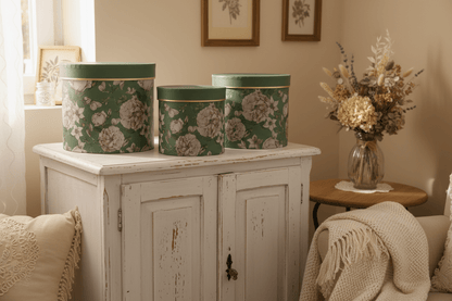 Schachtel Runde Aufbewahrungsschachteln mit Blumenmuster Grün – 3er-Set Pappschachteln Shabby Chic und Landhaus Deko bei www.Stein-Alt.de