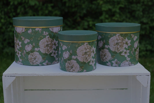 Runde Aufbewahrungsschachteln mit Blumenmuster Grün - 3er Set Pappschachteln {{ Shabby Chic und Landhaus Deko }} {{ www.Stein-Alt.de }}