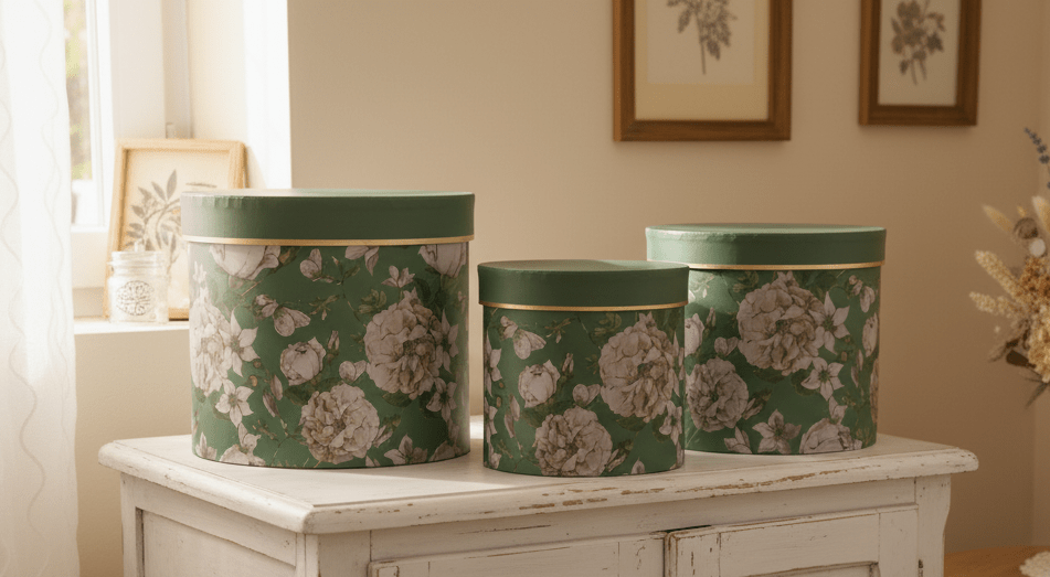 Runde Aufbewahrungsschachteln mit Blumenmuster Grün - 3er Set Pappschachteln {{ Shabby Chic und Landhaus Deko }} {{ www.Stein-Alt.de }}