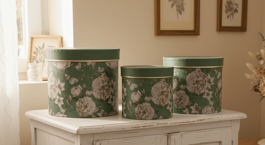 Runde Aufbewahrungsschachteln mit Blumenmuster Grün - 3er Set Pappschachteln {{ Shabby Chic und Landhaus Deko }} {{ www.Stein-Alt.de }}