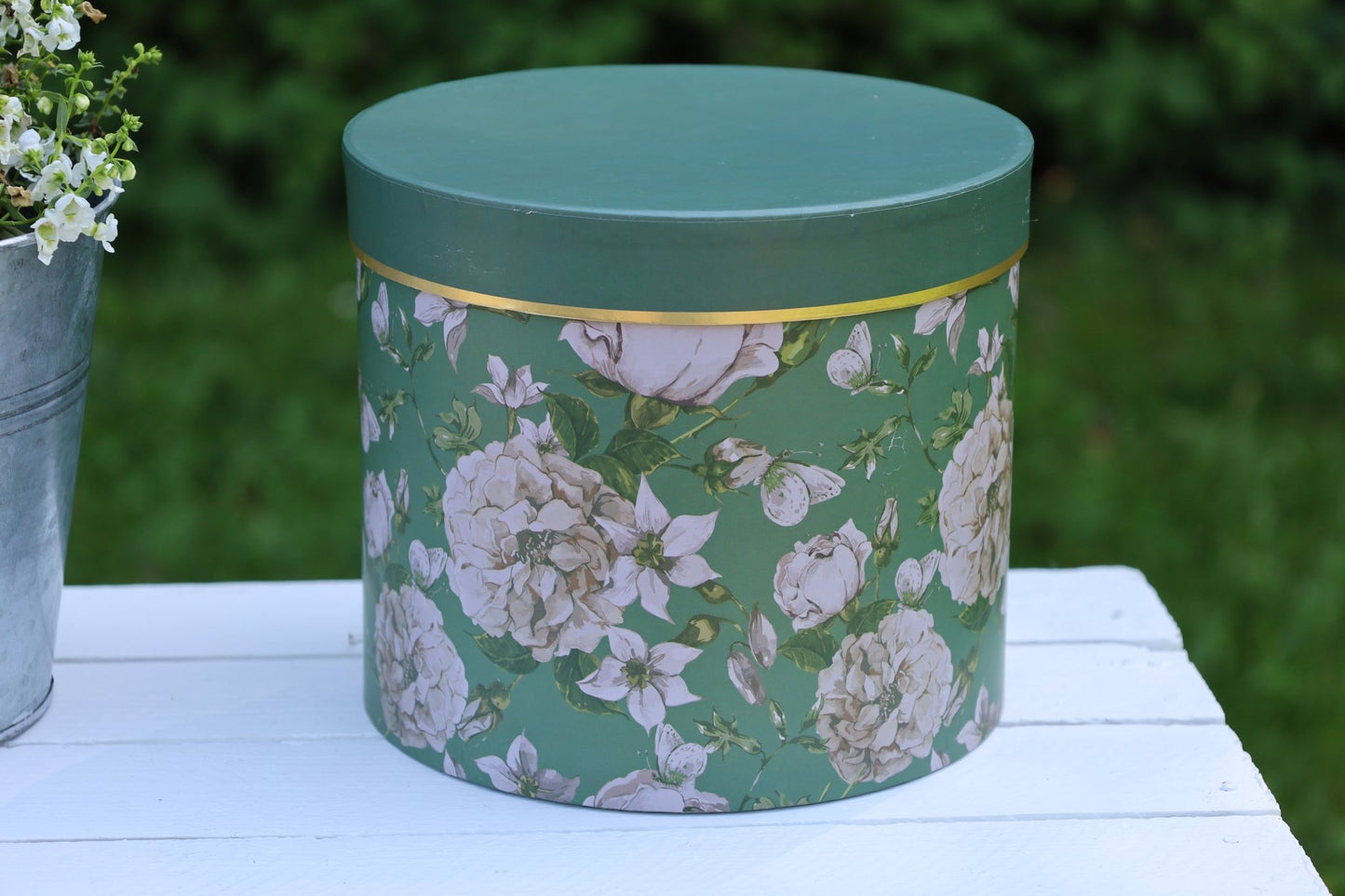 Runde Aufbewahrungsschachteln mit Blumenmuster Grün - 3er Set Pappschachteln {{ Shabby Chic und Landhaus Deko }} {{ www.Stein-Alt.de }}