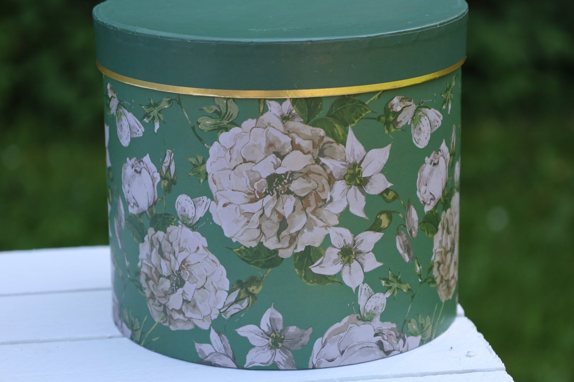 Runde Aufbewahrungsschachteln mit Blumenmuster Grün - 3er Set Pappschachteln {{ Shabby Chic und Landhaus Deko }} {{ www.Stein-Alt.de }}