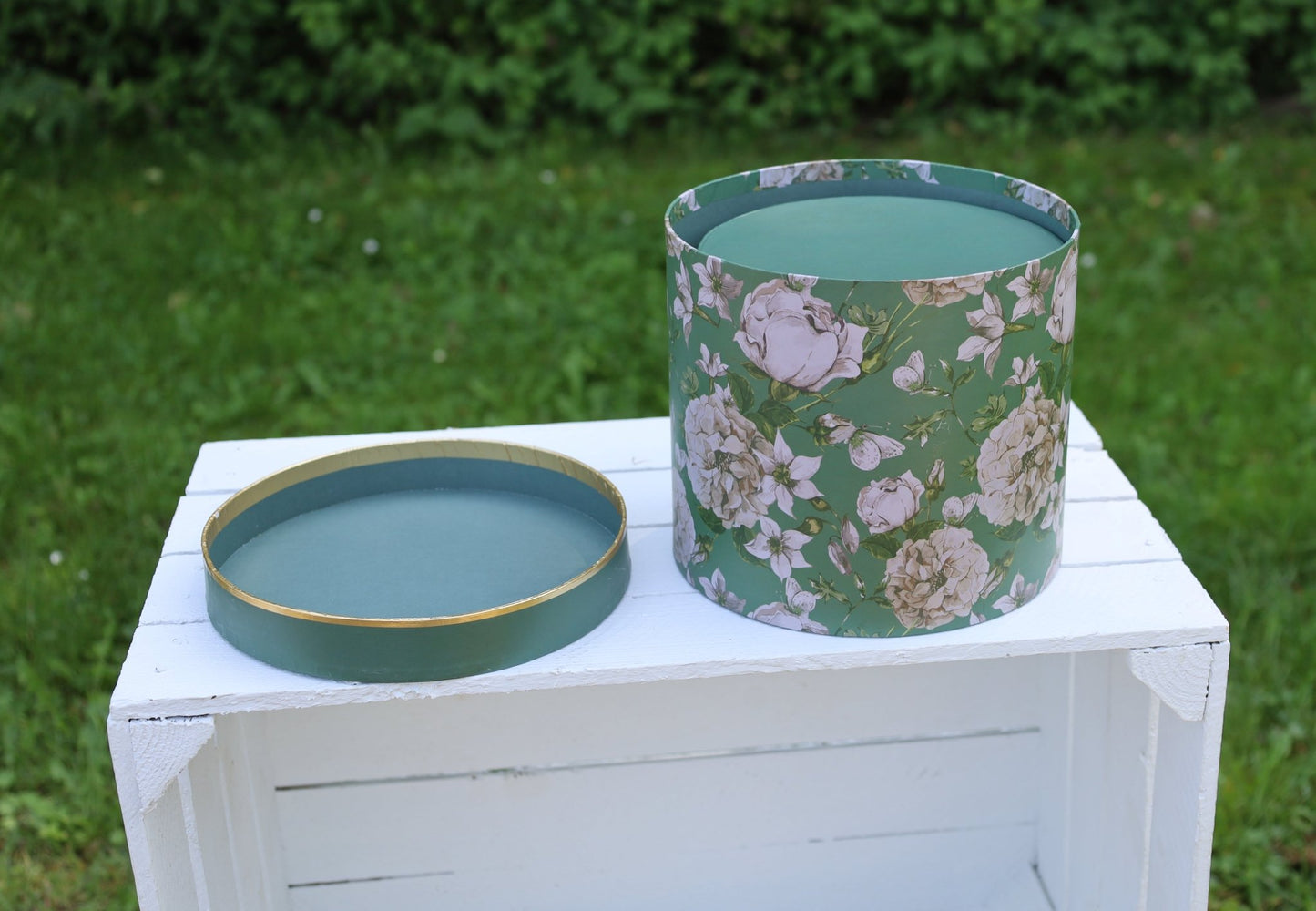 Runde Aufbewahrungsschachteln mit Blumenmuster Grün - 3er Set Pappschachteln {{ Shabby Chic und Landhaus Deko }} {{ www.Stein-Alt.de }}
