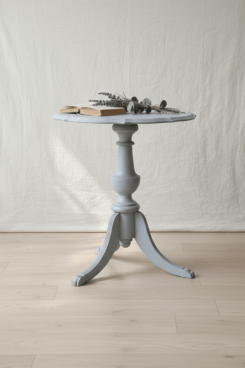 Runder Beistelltisch aus Holz in Grau mit silbernen Akzenten im Shabby Chic Stil