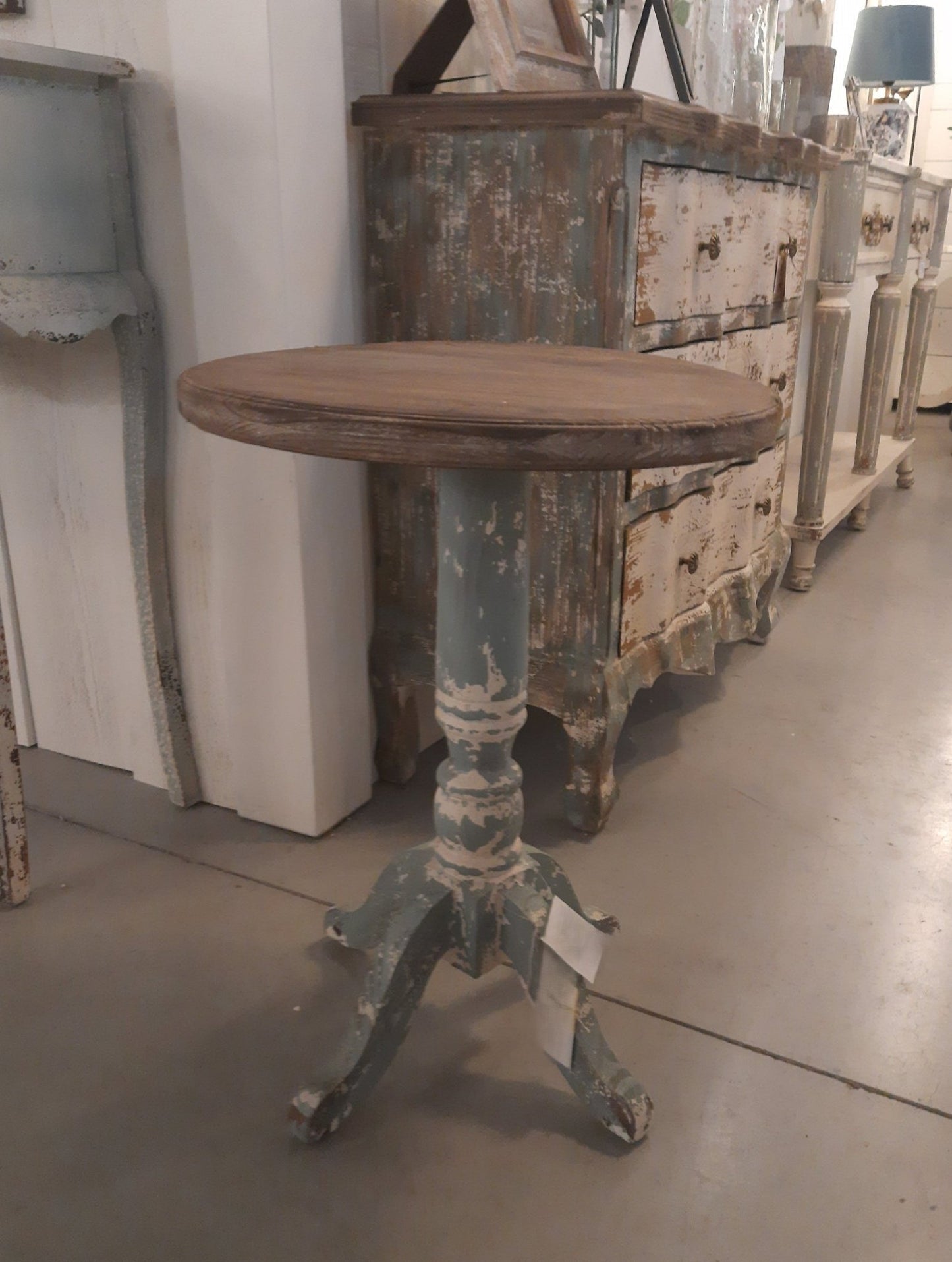 Runder Beistelltisch Holz Blau-Grau 48cm - Shabby Chic Landhaus {{ Shabby Chic und Landhaus Deko }} {{ www.Stein-Alt.de }}
