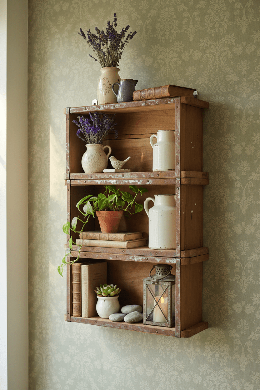 Rustikales Wandregal aus Holz-Ziegelformen – Vintage Braun {{ Shabby Chic und Landhaus Deko }} {{ www.Stein-Alt.de }}