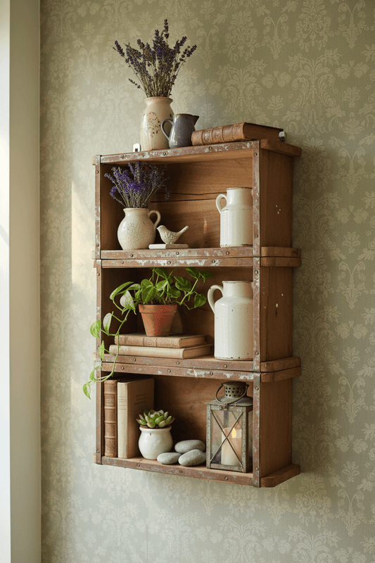 Rustikales Wandregal aus Holz-Ziegelformen – Vintage Braun {{ Shabby Chic und Landhaus Deko }} {{ www.Stein-Alt.de }}