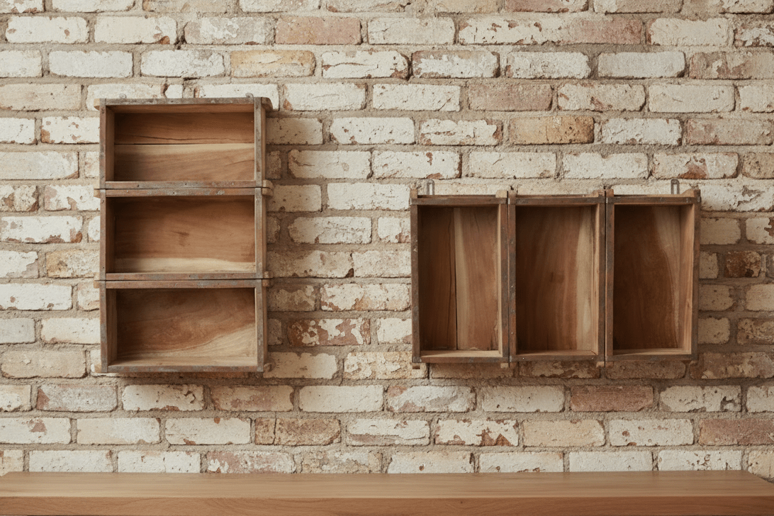 Rustikales Wandregal aus Holz-Ziegelformen – Vintage Braun {{ Shabby Chic und Landhaus Deko }} {{ www.Stein-Alt.de }}