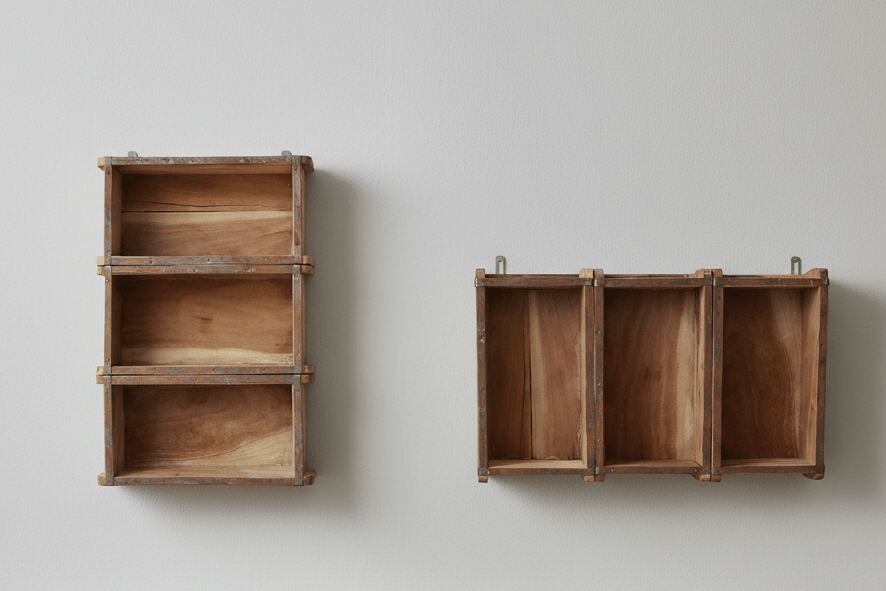 Rustikales Wandregal aus Holz-Ziegelformen – Vintage Braun {{ Shabby Chic und Landhaus Deko }} {{ www.Stein-Alt.de }}