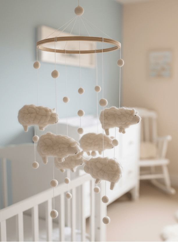 Schäfchen Mobile aus Filz – Handgemacht, FairMade & RWS-zertifiziert {{ Shabby Chic und Landhaus Deko }} {{ www.Stein-Alt.de }}