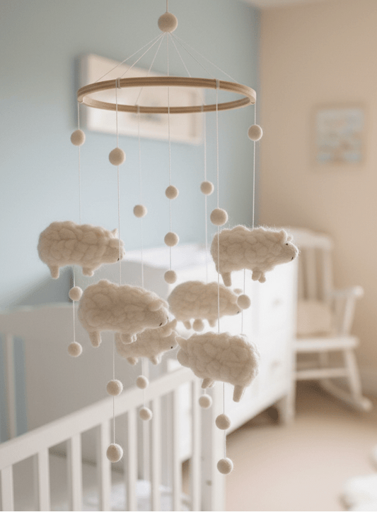 Schäfchen Mobile aus Filz – Handgemacht, FairMade & RWS-zertifiziert {{ Shabby Chic und Landhaus Deko }} {{ www.Stein-Alt.de }}