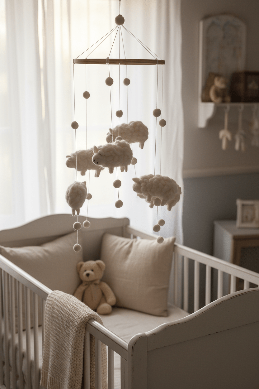 Schäfchen Mobile aus Filz – Handgemacht, FairMade & RWS-zertifiziert {{ Shabby Chic und Landhaus Deko }} {{ www.Stein-Alt.de }}