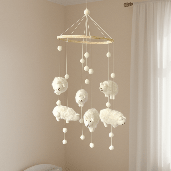 Schäfchen Mobile aus Filz – Handgemacht, FairMade & RWS-zertifiziert {{ Shabby Chic und Landhaus Deko }} {{ www.Stein-Alt.de }}