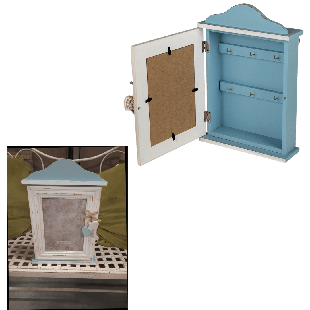 Schlüsselkasten Shabby Chic Blau-Weiß mit Bilderrahmen - Landhausstil {{ Shabby Chic und Landhaus Deko }} {{ www.Stein-Alt.de }}