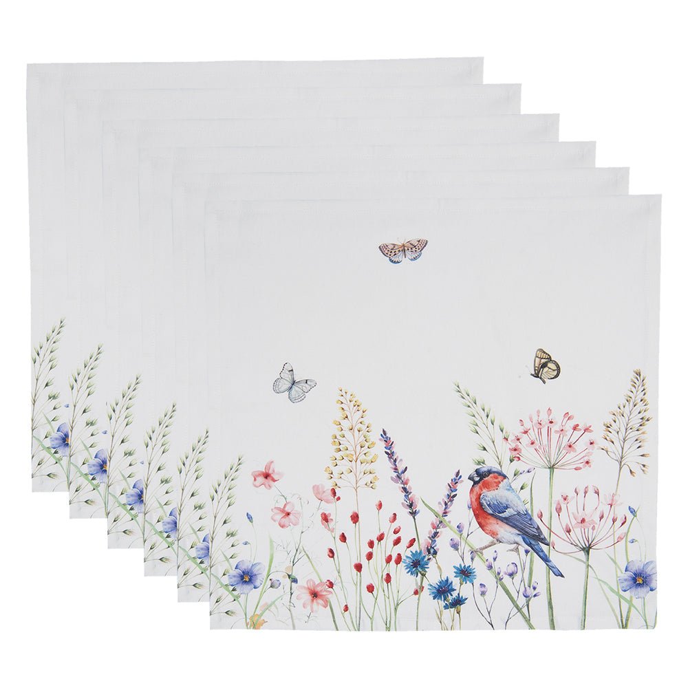 Servietten aus 100% Baumwolle mit Frühlingsblumen und Vögelchen – 4er-Set {{ Shabby Chic und Landhaus Deko }} {{ www.Stein-Alt.de }}