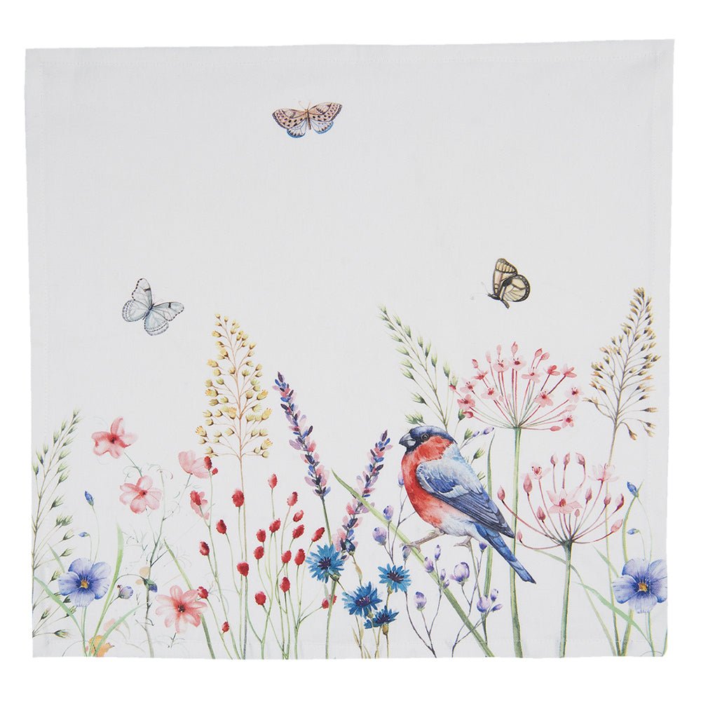 Servietten aus 100% Baumwolle mit Frühlingsblumen und Vögelchen – 4er-Set {{ Shabby Chic und Landhaus Deko }} {{ www.Stein-Alt.de }}