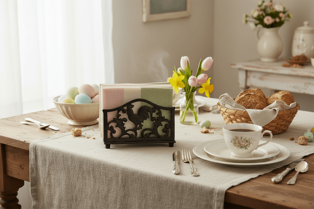Serviettenhalter Hahn Gusseisen Braun - Vintage Oster-Tischdeko Landhausstil {{ Shabby Chic und Landhaus Deko }} {{ www.Stein-Alt.de }}