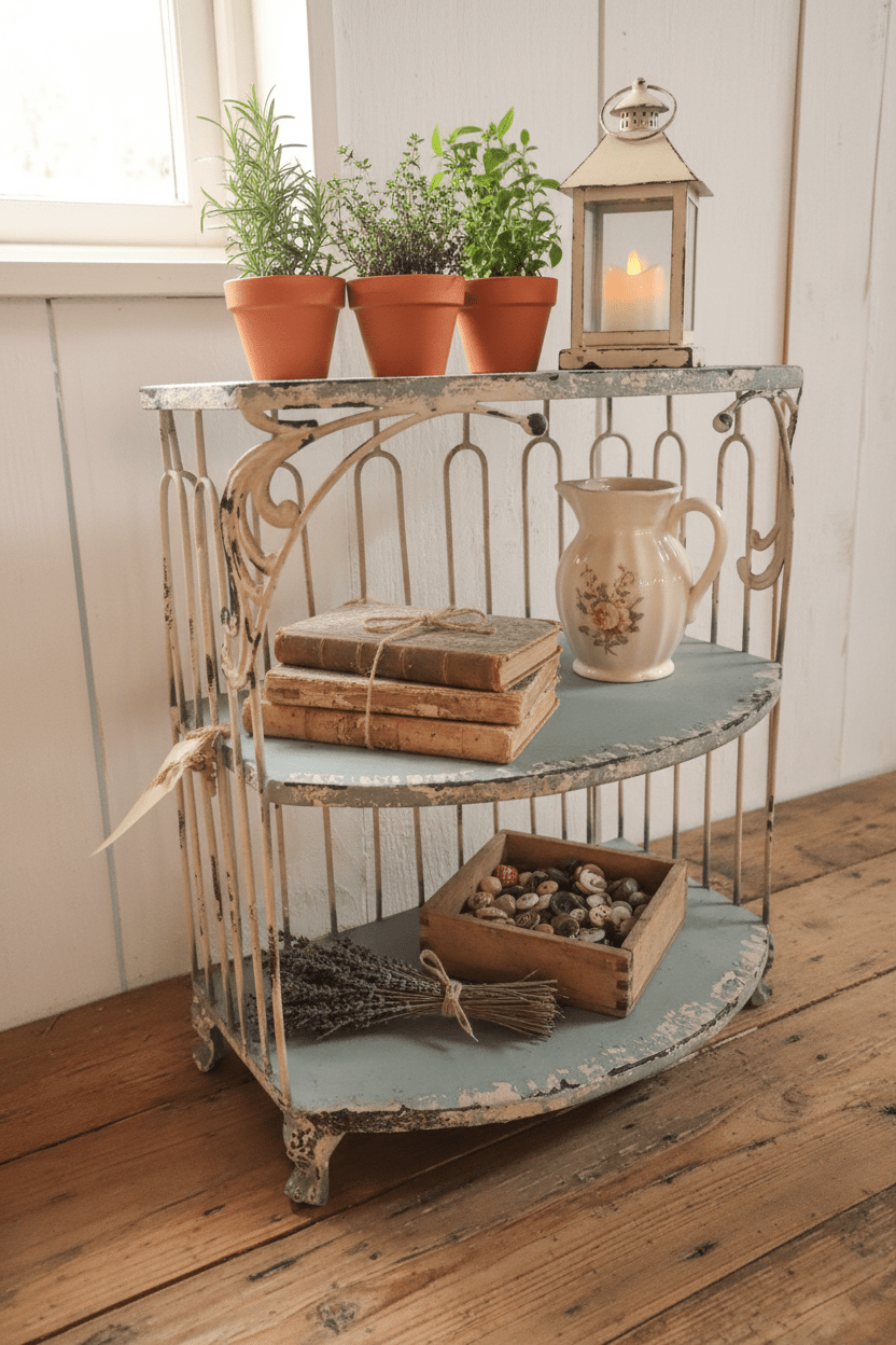 Shabby Chic Metallregal Grün-Beige 38x23x55cm - Vintage Wandregal Landhaus