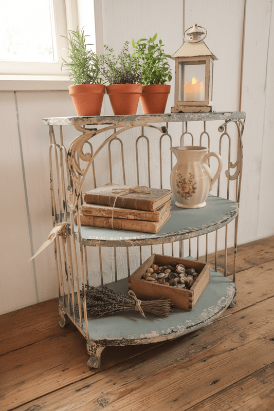 Shabby Chic Metallregal Grün-Beige 38x23x55cm - Vintage Wandregal Landhaus