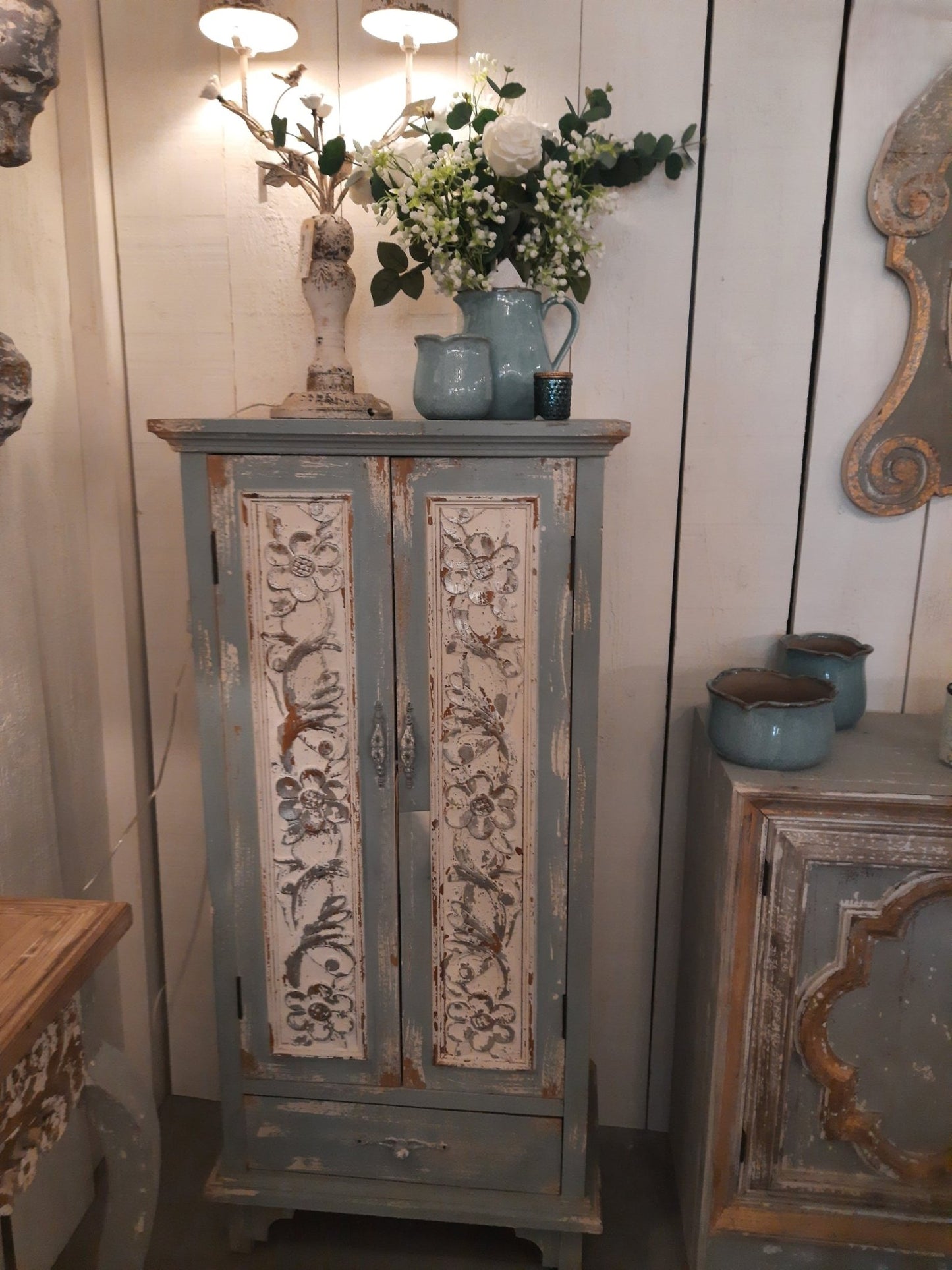 Shabby Chic Schrank Blau-Grün - Vertiko Brocante Landhausstil Holz | Clayre & Eef {{ Shabby Chic und Landhaus Deko }} {{ www.Stein-Alt.de }}