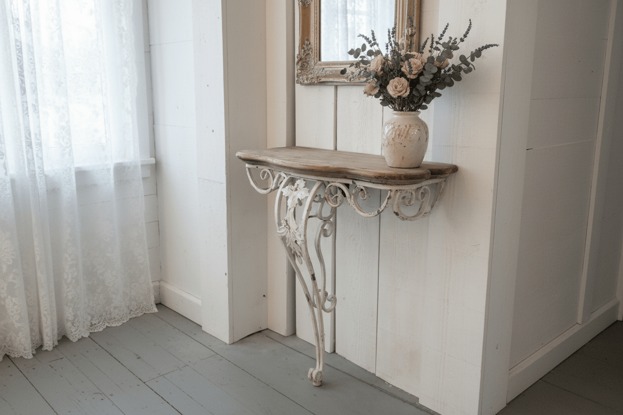 Shabby Chic Wandtisch / Konsolentisch aus Eisen und Holz in Weiß-Braun {{ Shabby Chic und Landhaus Deko }} {{ www.Stein-Alt.de }}