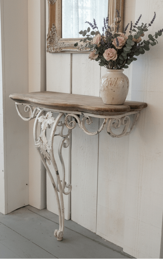 Shabby Chic Wandtisch / Konsolentisch aus Eisen und Holz in Weiß-Braun {{ Shabby Chic und Landhaus Deko }} {{ www.Stein-Alt.de }}