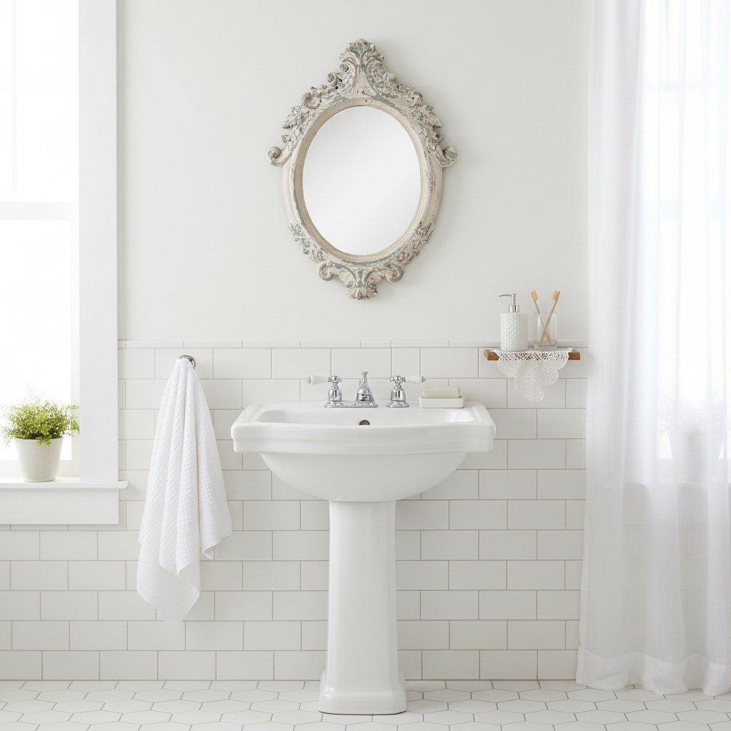 Ovaler Shabby Chis Spiegel im Barock-Stil aus Metall in Beige-Grau