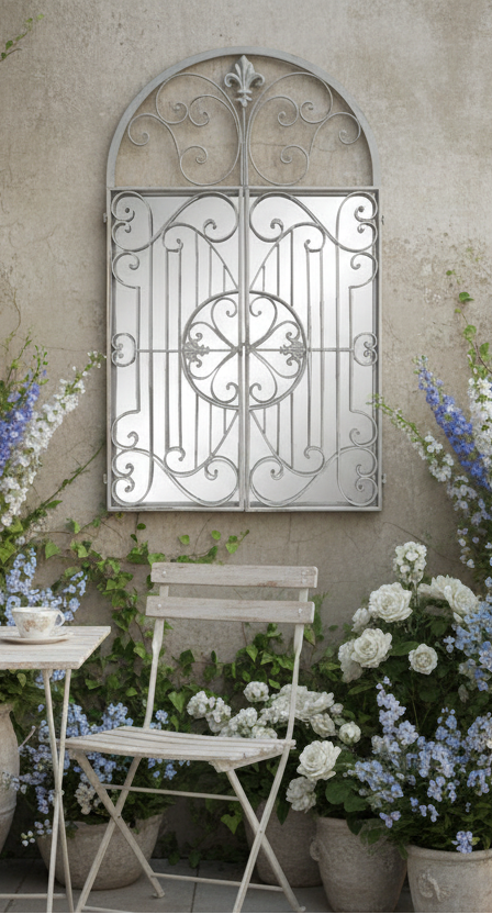 Spiegel für Garten und Innenbereich, Schmiedeeiserne Flügel in Grau {{ Shabby Chic und Landhaus Deko }} {{ www.Stein-Alt.de The cosy Cottage }}