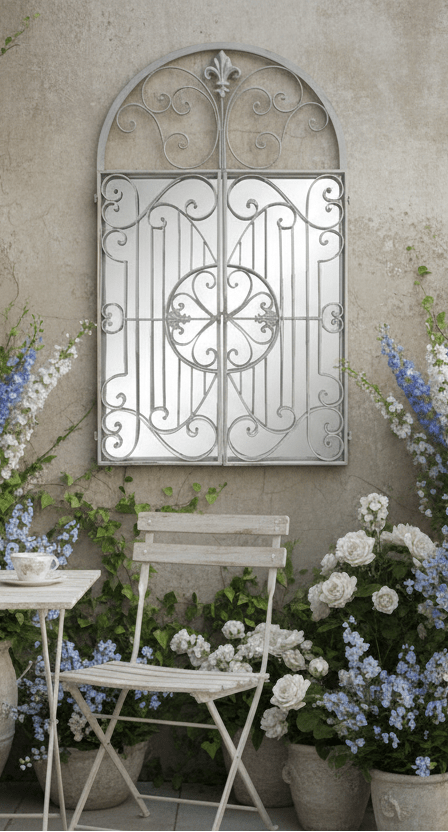Gartenspiegel Schmiedeeisen Grau – Landhausstil mit Flügeln {{ Shabby Chic und Landhaus Deko }} {{ www.Stein-Alt.de }}