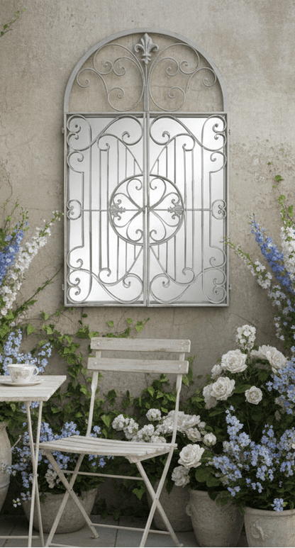 Gartenspiegel Gartenspiegel Schmiedeeisen Grau – Landhausstil mit Flügeln Shabby Chic und Landhaus Deko bei www.Stein-Alt.de