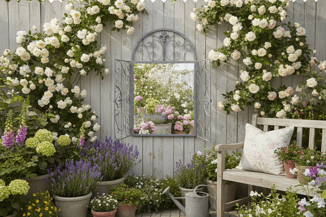 Gartenspiegel Schmiedeeisen Grau – Landhausstil mit Flügeln {{ Shabby Chic und Landhaus Deko }} {{ www.Stein-Alt.de }}