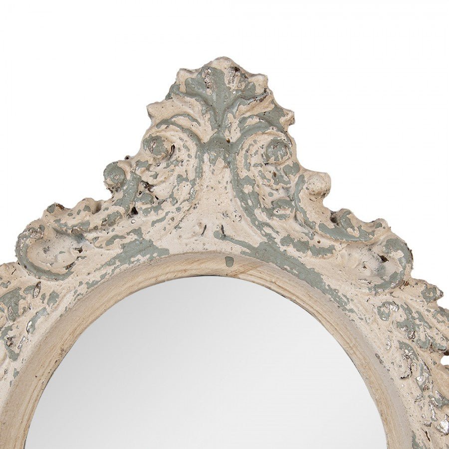 Spiegel: Oval im Shabby Chic Barock-Stil aus Metall in Beige-Grau {{ Shabby Chic und Landhaus Deko }} {{ www.Stein-Alt.de }}
