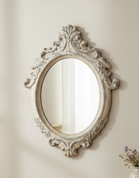 Spiegel: Oval im Shabby Chic Barock-Stil aus Metall in Beige-Grau {{ Shabby Chic und Landhaus Deko }} {{ www.Stein-Alt.de }}