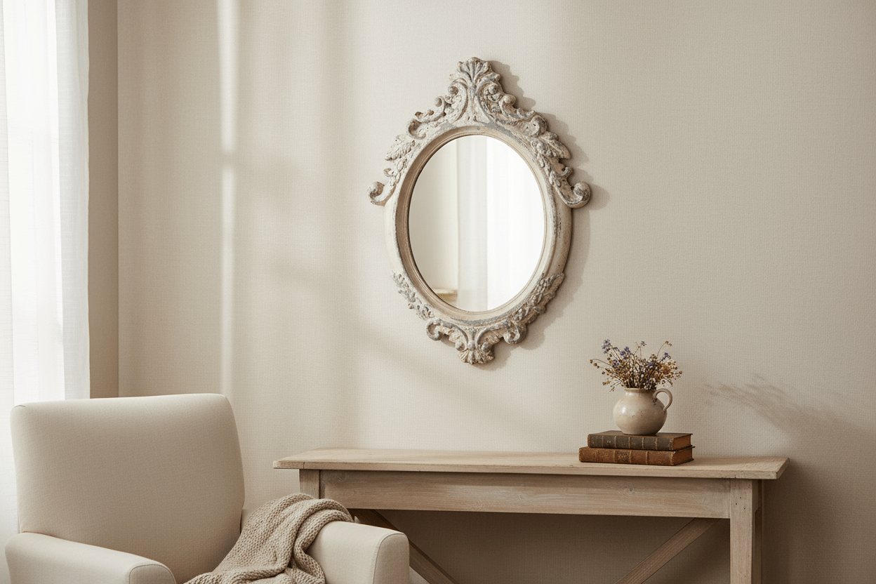 Spiegel: Oval im Shabby Chic Barock-Stil aus Metall in Beige-Grau {{ Shabby Chic und Landhaus Deko }} {{ www.Stein-Alt.de }}