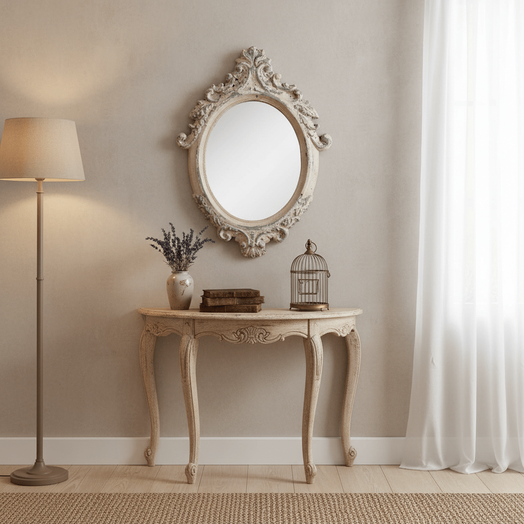 Spiegel: Oval im Shabby Chic Barock-Stil aus Metall in Beige-Grau {{ Shabby Chic und Landhaus Deko }} {{ www.Stein-Alt.de }}