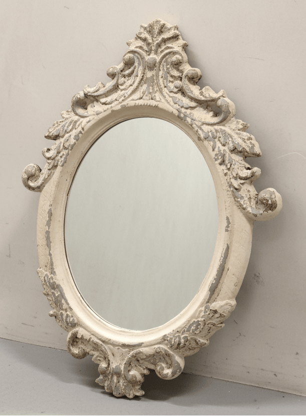 Spiegel: Oval im Shabby Chic Barock-Stil aus Metall in Beige-Grau {{ Shabby Chic und Landhaus Deko }} {{ www.Stein-Alt.de }}