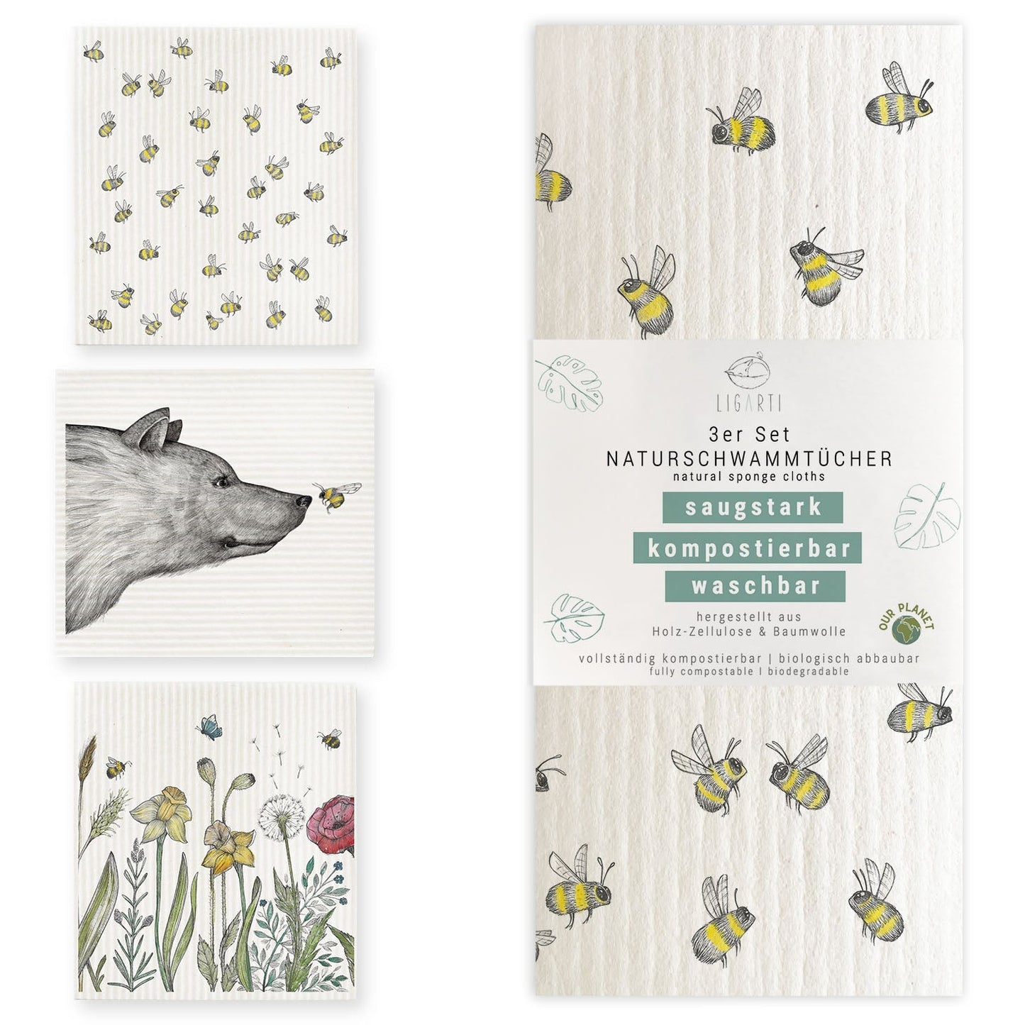 Spültusch / Zero Waste Schwammtücher - Bio Baumwolle & Holz, kompostierbar Bienen und Blümchen {{ Shabby Chic und Landhaus Deko }} {{ www.Stein-Alt.de }}