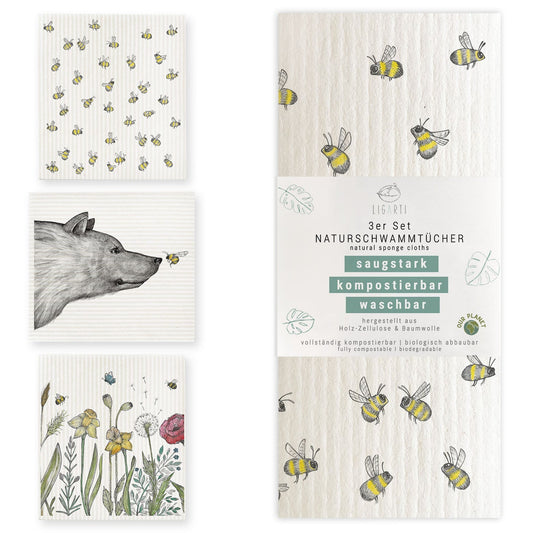 Spültusch / Zero Waste Schwammtücher - Bio Baumwolle & Holz, kompostierbar Bienen und Blümchen {{ Shabby Chic und Landhaus Deko }} {{ www.Stein-Alt.de }}