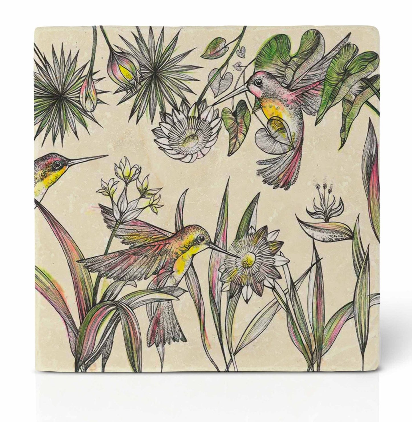 Tassenuntersetzer Naturstein Dschungel - Glasuntersetzer Grün Botanical Kolibri {{ Shabby Chic und Landhaus Deko }} {{ www.Stein-Alt.de }}