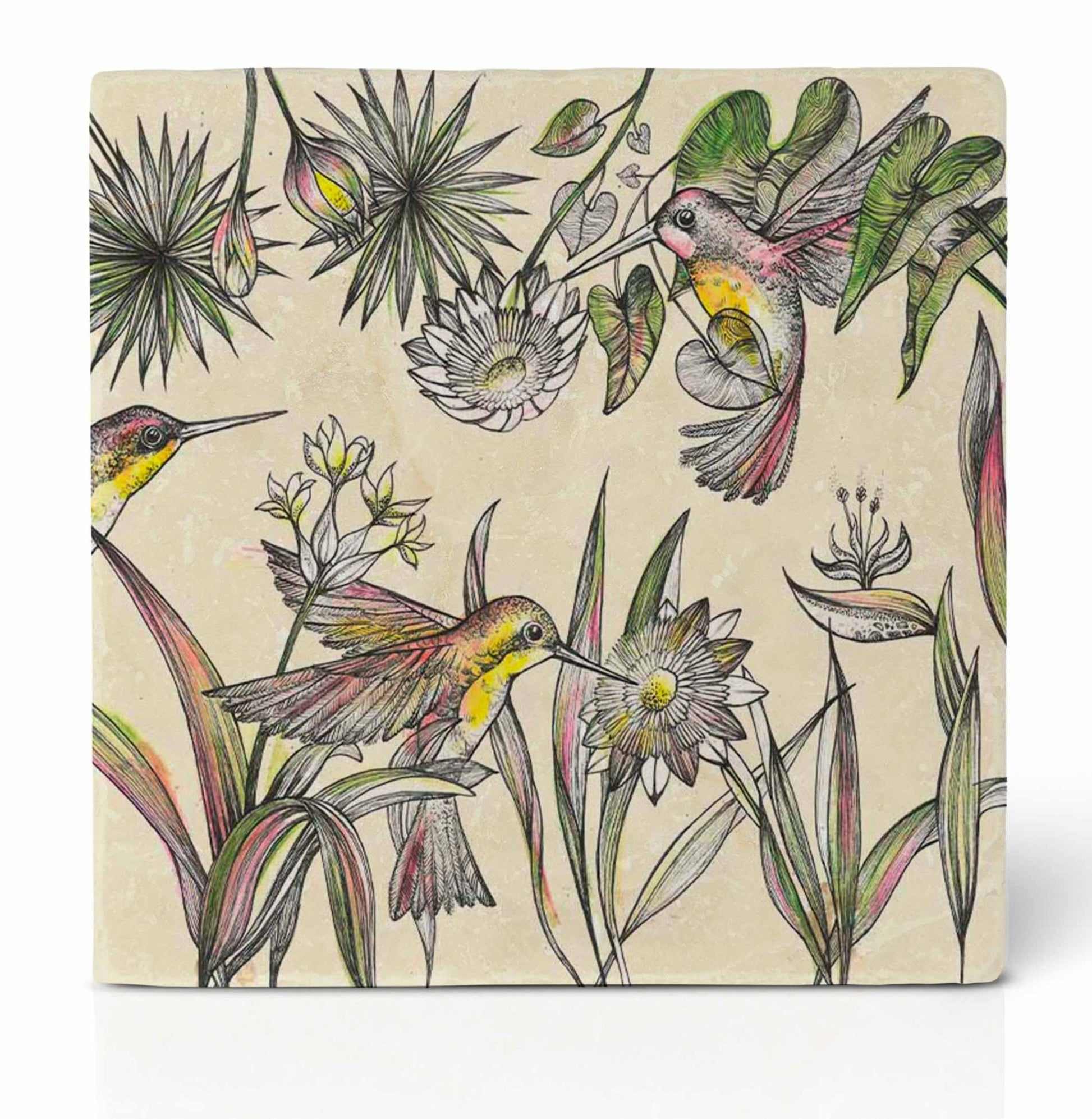 Tassenuntersetzer Naturstein Dschungel - Glasuntersetzer Grün Botanical Kolibri {{ Shabby Chic und Landhaus Deko }} {{ www.Stein-Alt.de }}