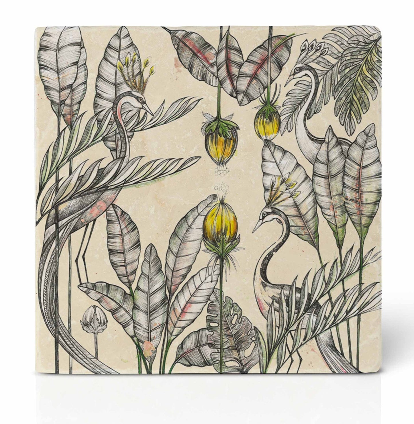 Tassenuntersetzer Naturstein Dschungel - Glasuntersetzer Grün Botanical Königskranich {{ Shabby Chic und Landhaus Deko }} {{ www.Stein-Alt.de }}