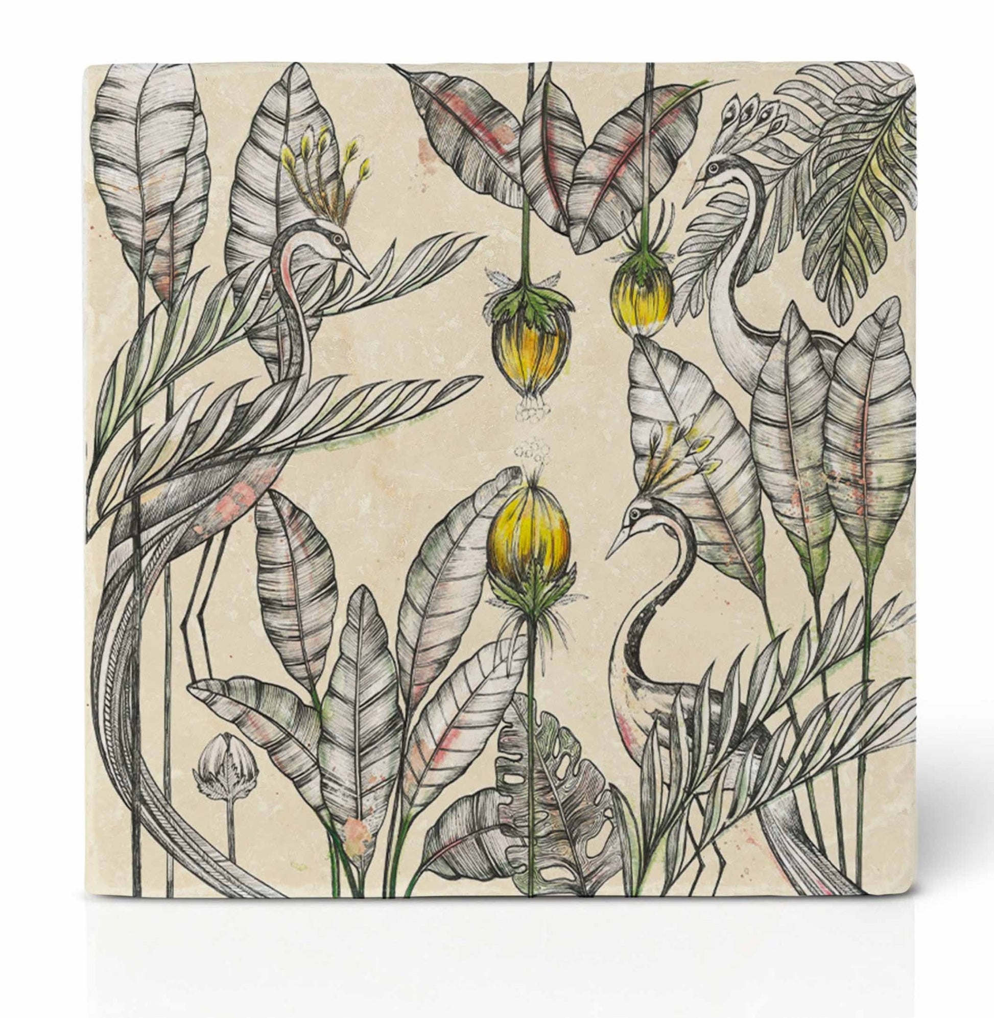 Tassenuntersetzer Naturstein Dschungel - Glasuntersetzer Grün Botanical Königskranich {{ Shabby Chic und Landhaus Deko }} {{ www.Stein-Alt.de }}