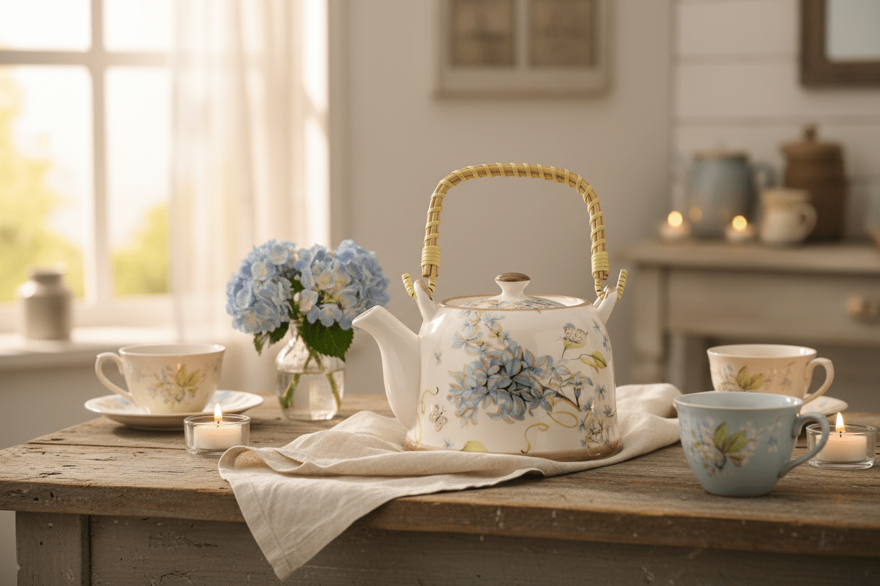 Teekanne aus Keramik inklusive Teesieb, 800 ml mit Blumenmotiv, Landhausstil {{ Shabby Chic und Landhaus Deko }} {{ www.Stein-Alt.de }}