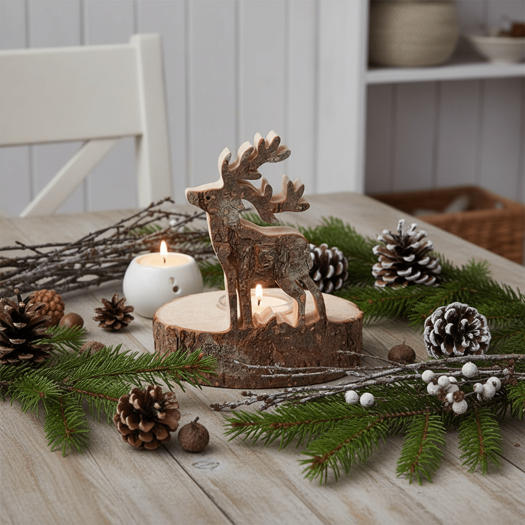 Teelichthalter Baumstamm mit Hirsch - Rustikale Weihnachtsdeko Holz {{ Shabby Chic und Landhaus Deko }} {{ www.Stein-Alt.de }}
