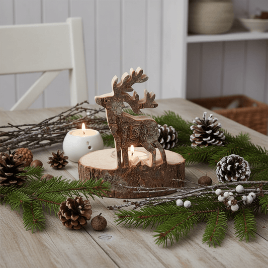 Teelichthalter Baumstamm mit Hirsch - Rustikale Weihnachtsdeko Holz {{ Shabby Chic und Landhaus Deko }} {{ www.Stein-Alt.de }}